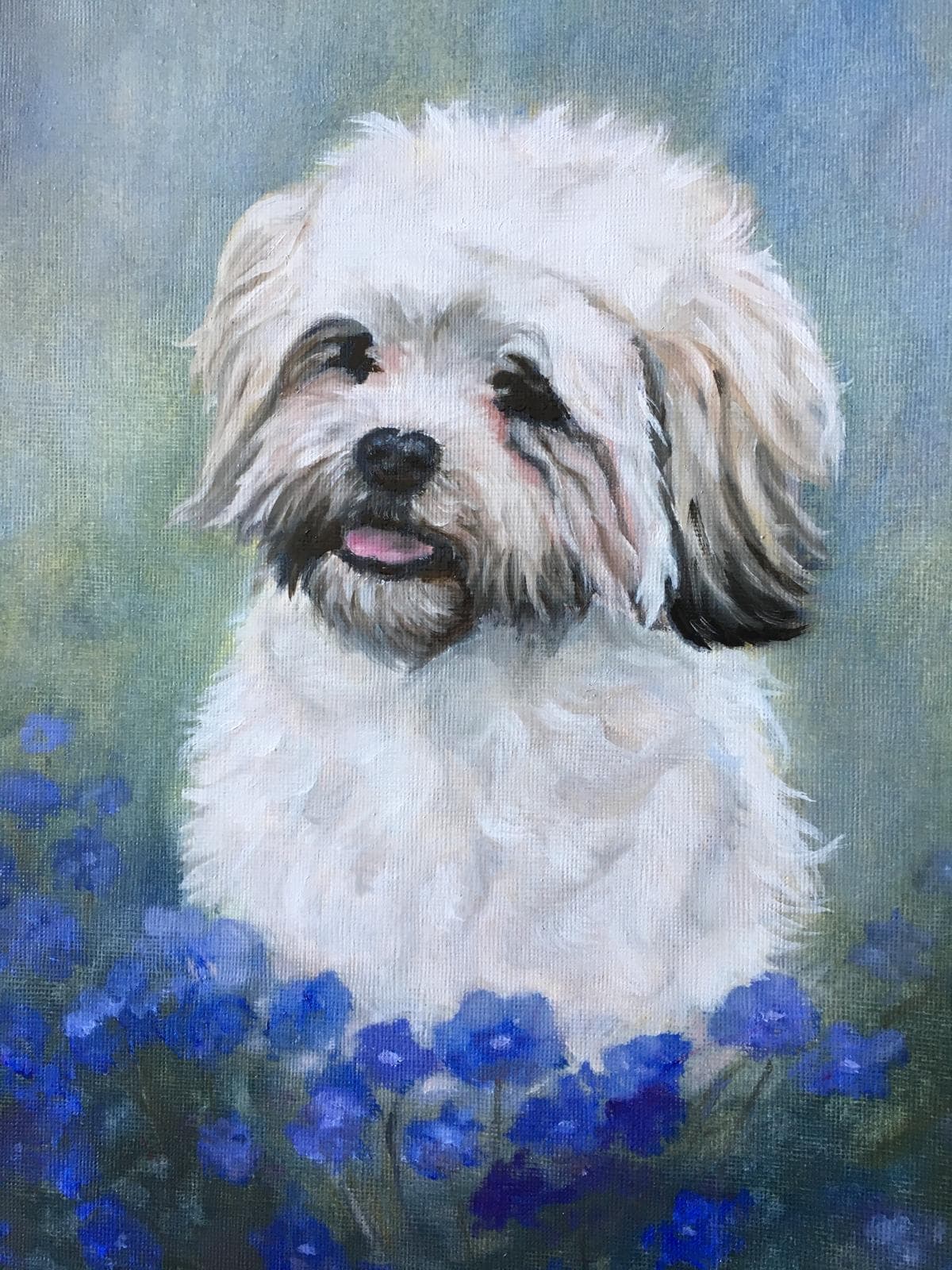 Oil painting of a fluffy white dog among blue flowers