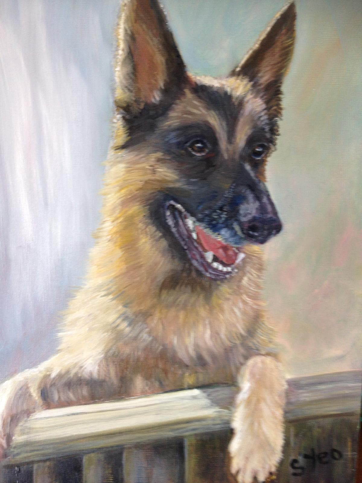 Oil painting of a German shepherd resting its paws on a wooden fence